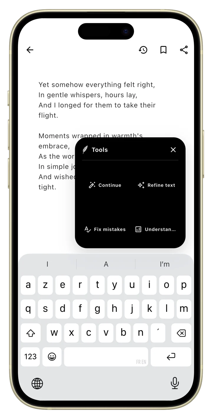 Lyrai contextual writing tools on iPhone